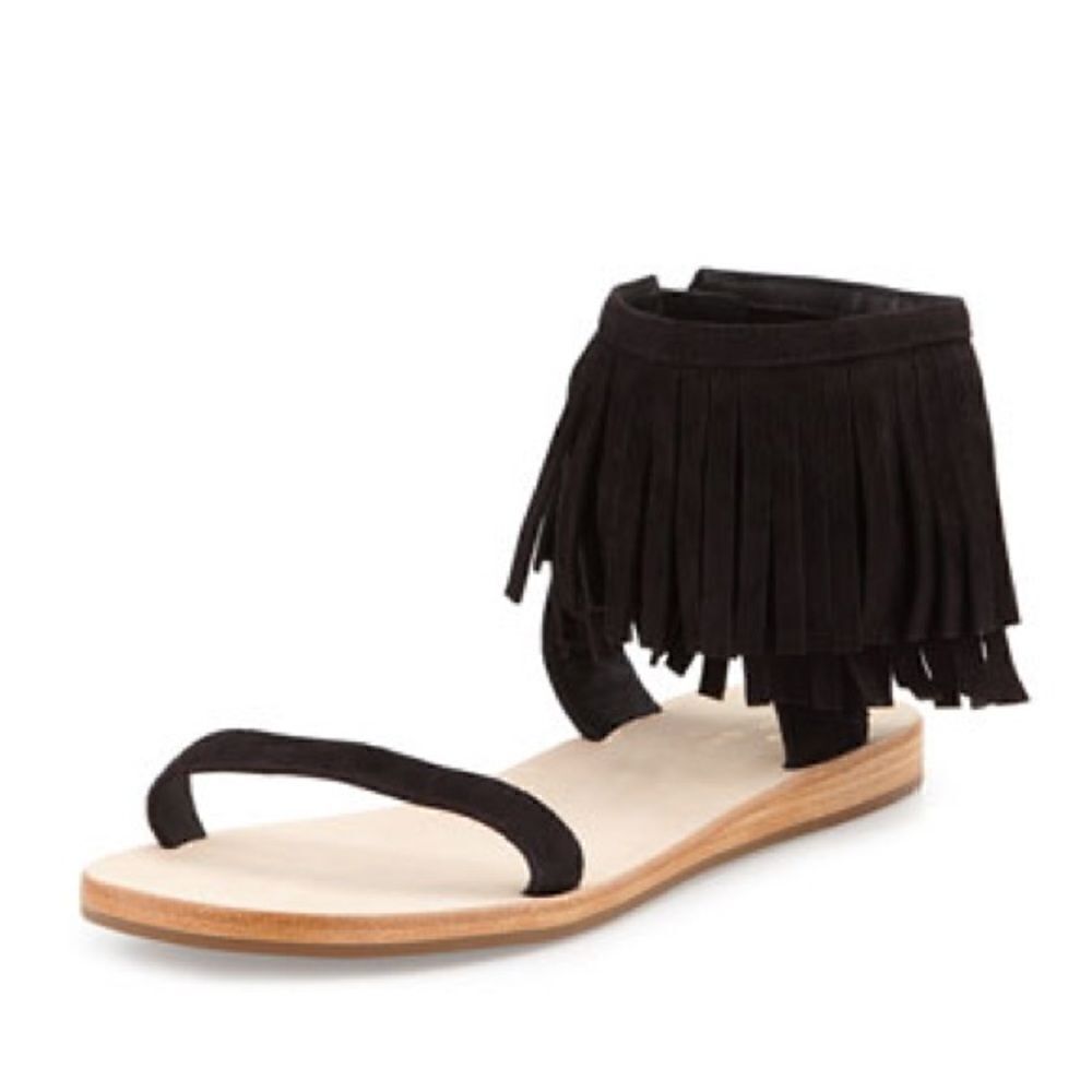 Kate Spade Black Alex Suede Fringe Cuff Flat Sandal, NWOT